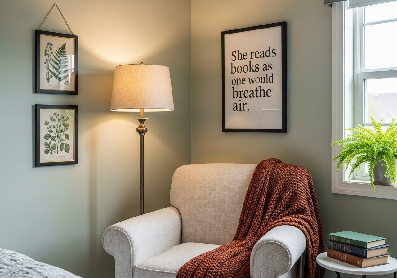Cozy bedroom wall art ideas defining a reading nook with a quote print and botanical gallery.