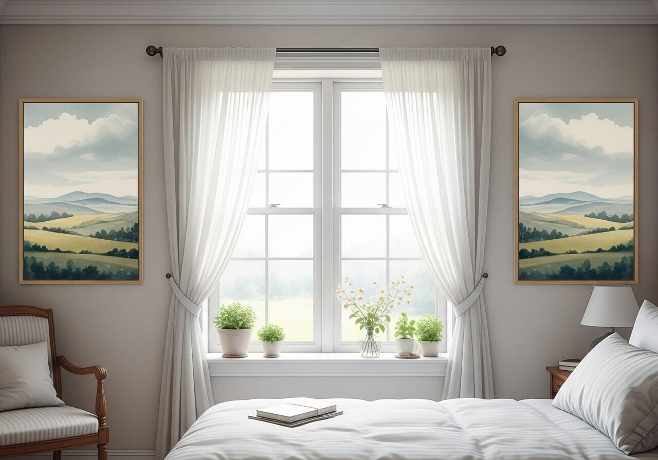 Symmetrical bedroom wall art ideas flanking a window for a balanced look.