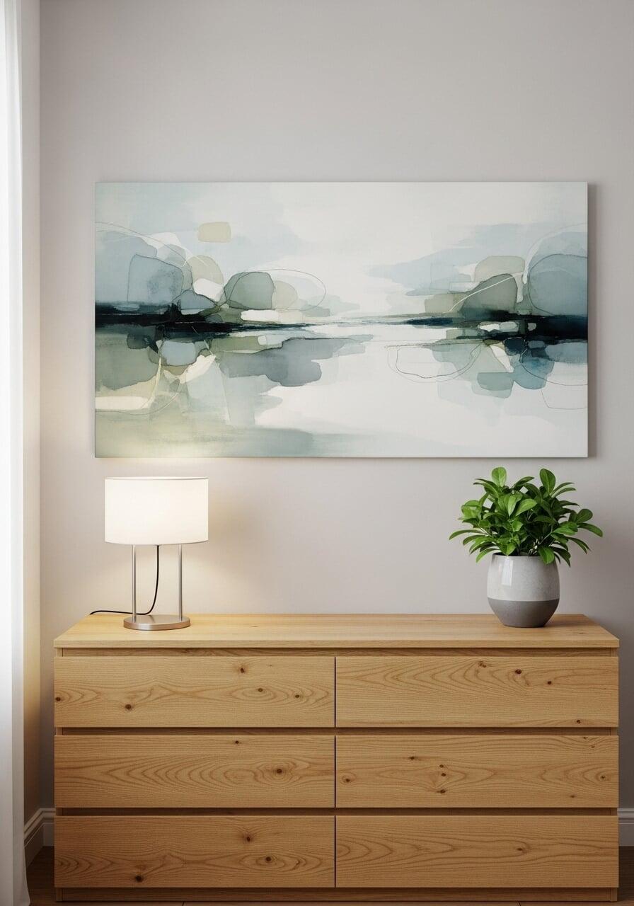 Bedroom wall art ideas for above a dresser, showing a perfectly sized horizontal abstract print.