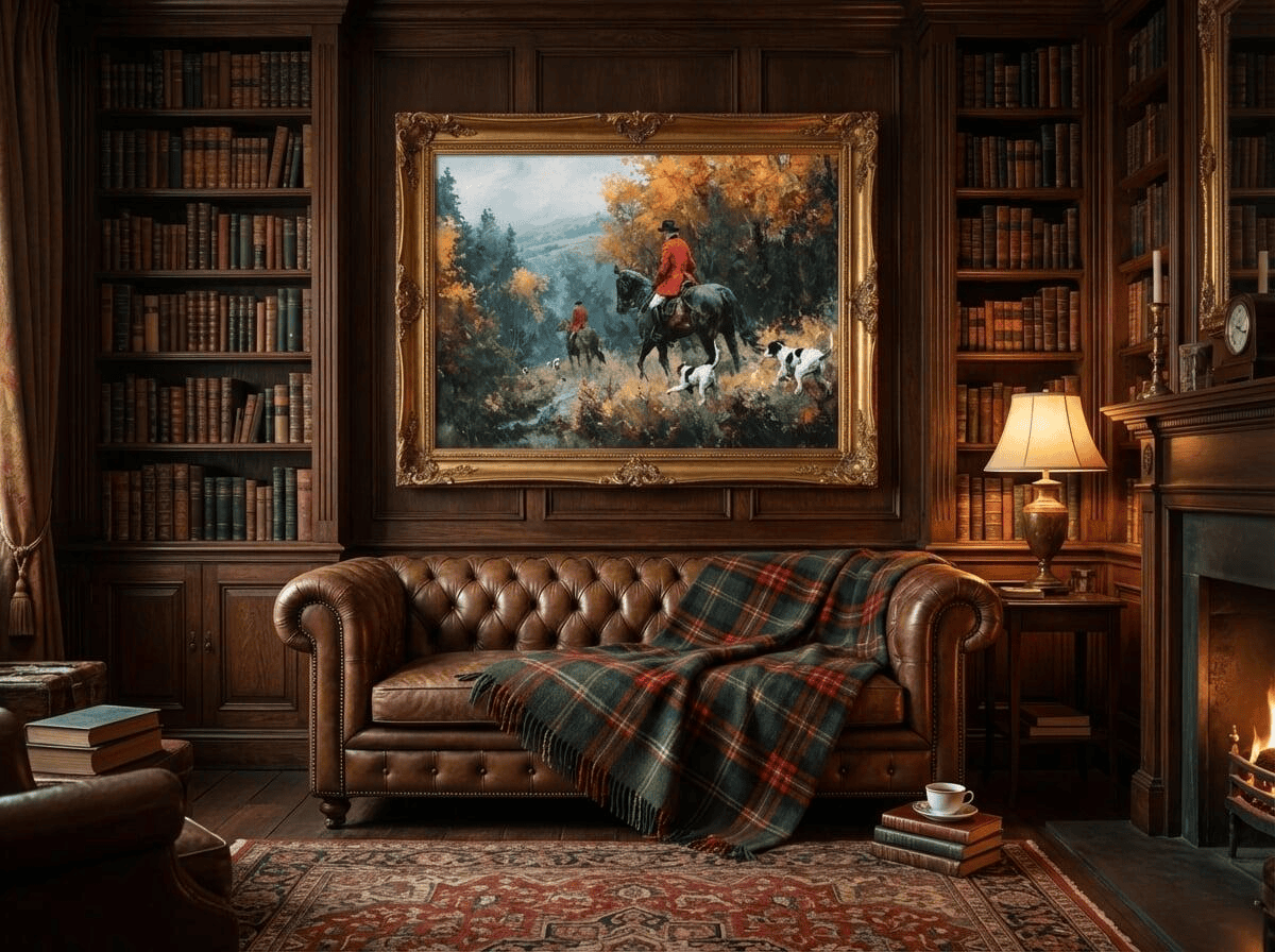 A cozy, dimly lit library with floor-to-ceiling dark oak bookshelves. In the center of a wood-paneled wall hangs a large, ornate gold-framed traditional fox hunt painting. A leather Chesterfield sofa sits below the art, draped with a green and red tartan wool throw.