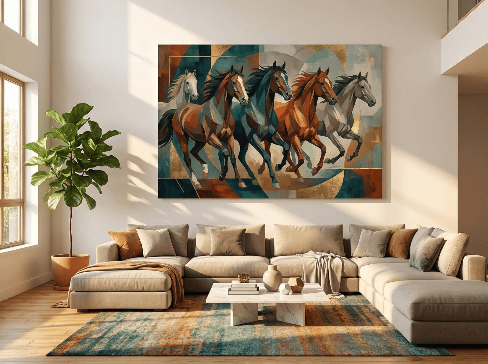 A sun-drenched, modern living room with a high ceiling and a large, neutral-toned sectional sofa. On the main wall, a massive abstract geometric canvas from Tru-Expressions hangs prominently. The art features deep teals, burnt oranges, and metallic gold accents. The room is styled with a large fiddle-leaf fig plant and a low-profile marble coffee table.