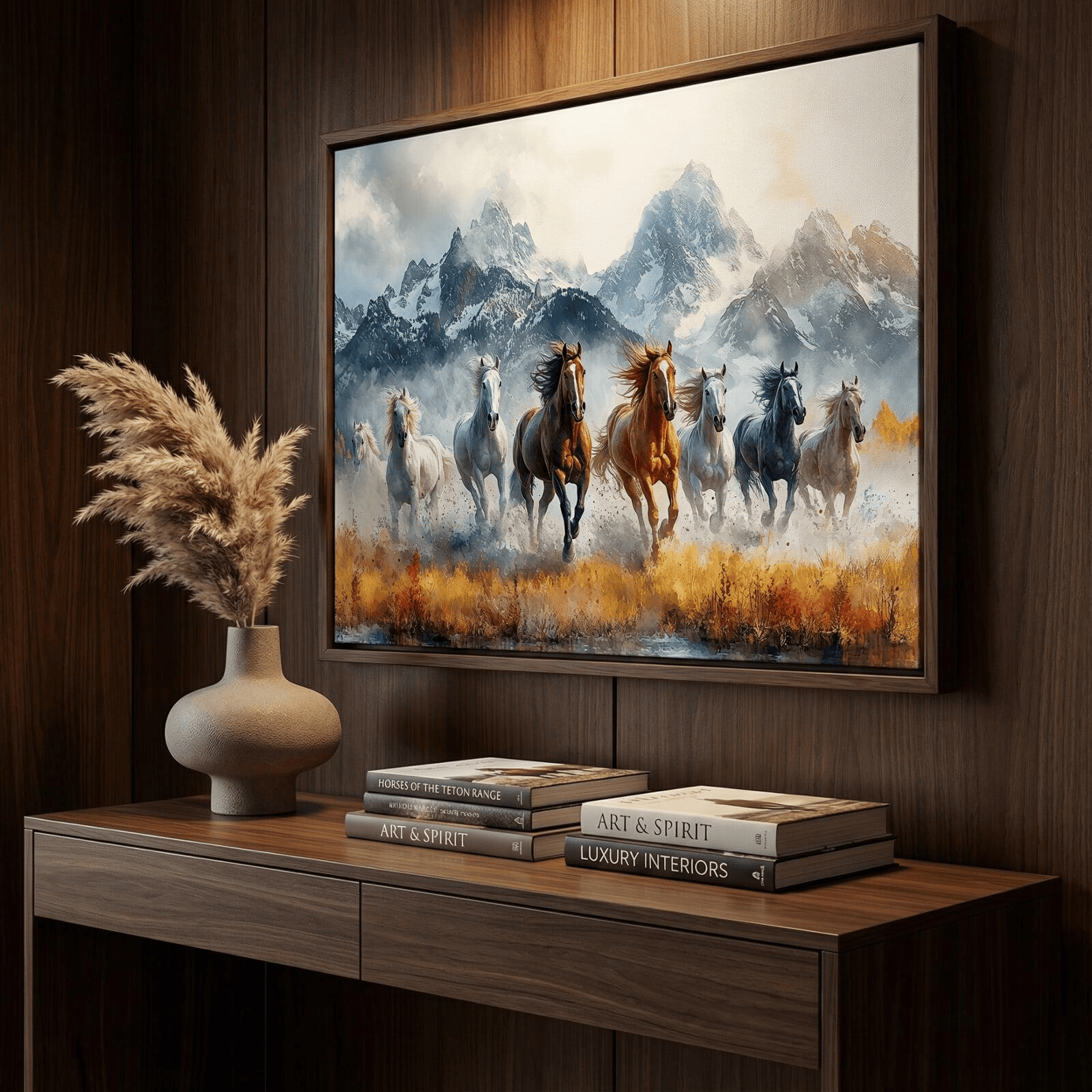 A close-up lifestyle shot of a sleek, dark wood hallway console table. Above the table, a framed Tru-Expressions abstract print is displayed. On the console, there is a designer ceramic vase with dried pampas grass and a stack of luxury coffee table books. The lighting is warm and moody, highlighting the texture of the canvas art.