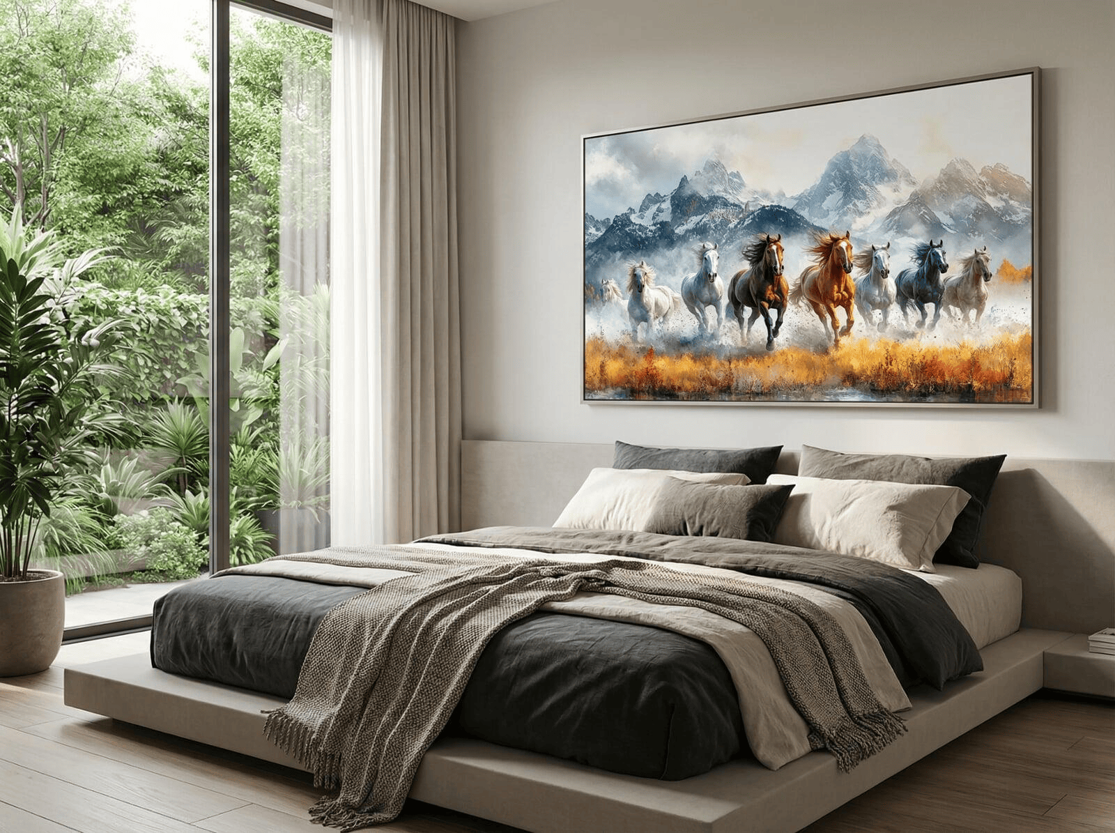 A serene bedroom setting featuring a minimalist platform bed with linen bedding in charcoal and cream. Above the headboard, a wide-format horizontal abstract art piece is hung. 