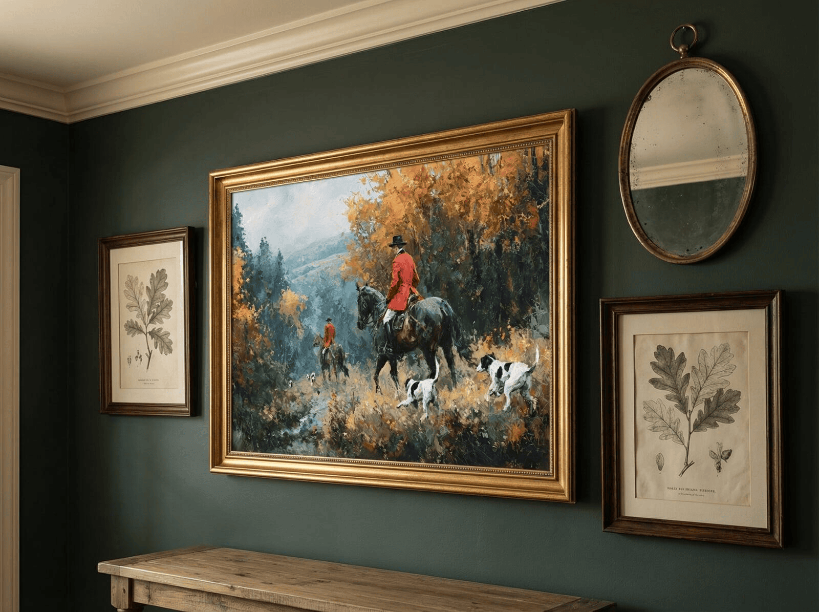 Close-up of a gallery wall in an entryway. The fox hunt art is the centerpiece, surrounded by smaller botanical sketches of oak leaves and a vintage brass mirror. The wall is painted a deep, moody forest green with cream-colored crown molding.