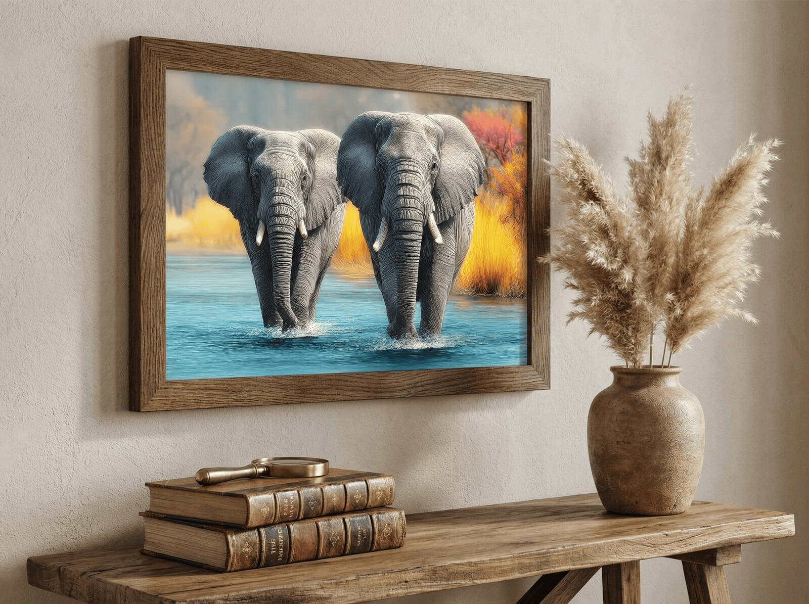 A close-up lifestyle shot focusing on a corner of a room. On the wall hangs a detailed elephant art print in a dark oak frame. In the foreground, a stack of leather-bound books and a small brass magnifying glass sit on a wooden console table next to a textured ceramic vase holding dried pampas grass