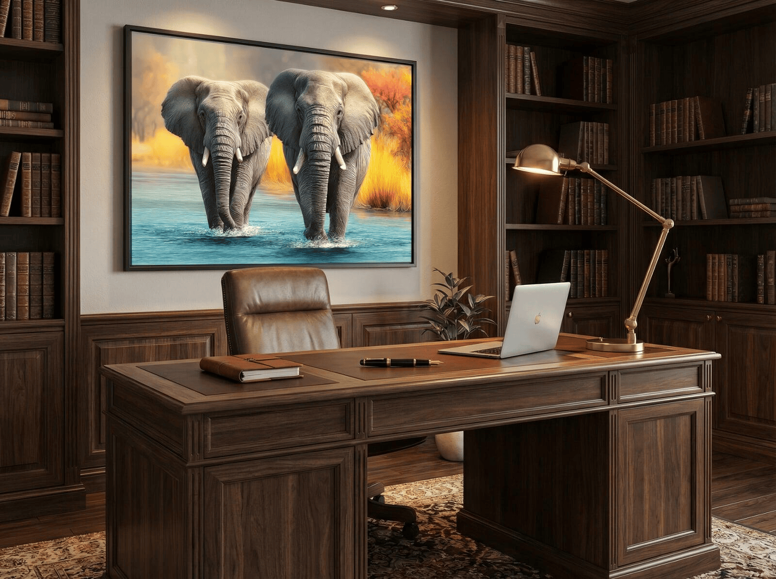 A sophisticated home office with a dark walnut desk. Behind the desk, a medium-sized African elephant print is mounted in a sleek black metal frame. The lighting is warm, provided by a modern desk lamp, highlighting the textures of the art.