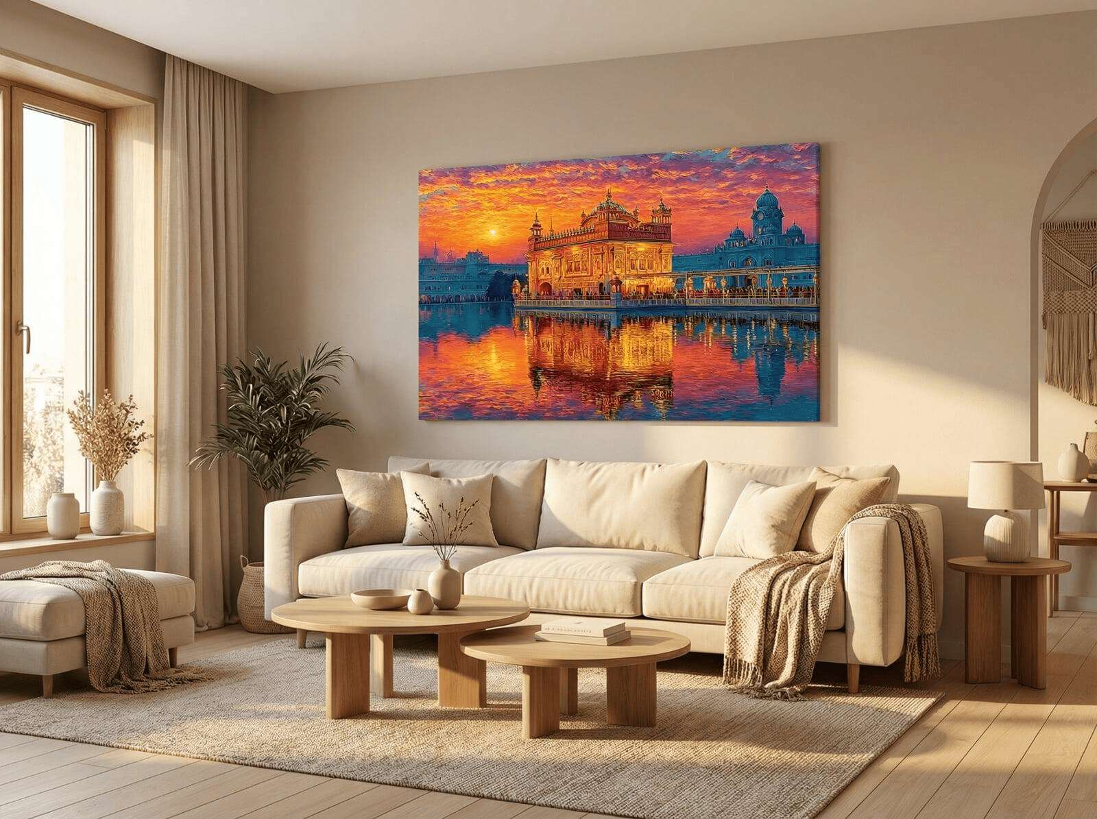 A wide-angle lifestyle shot of a contemporary living room with a neutral color palette. Above a plush cream-colored sofa hangs a large, vibrant canvas of the Golden Temple at sunset. The room is bathed in warm, natural light from a nearby window, emphasizing the gold tones in the art.