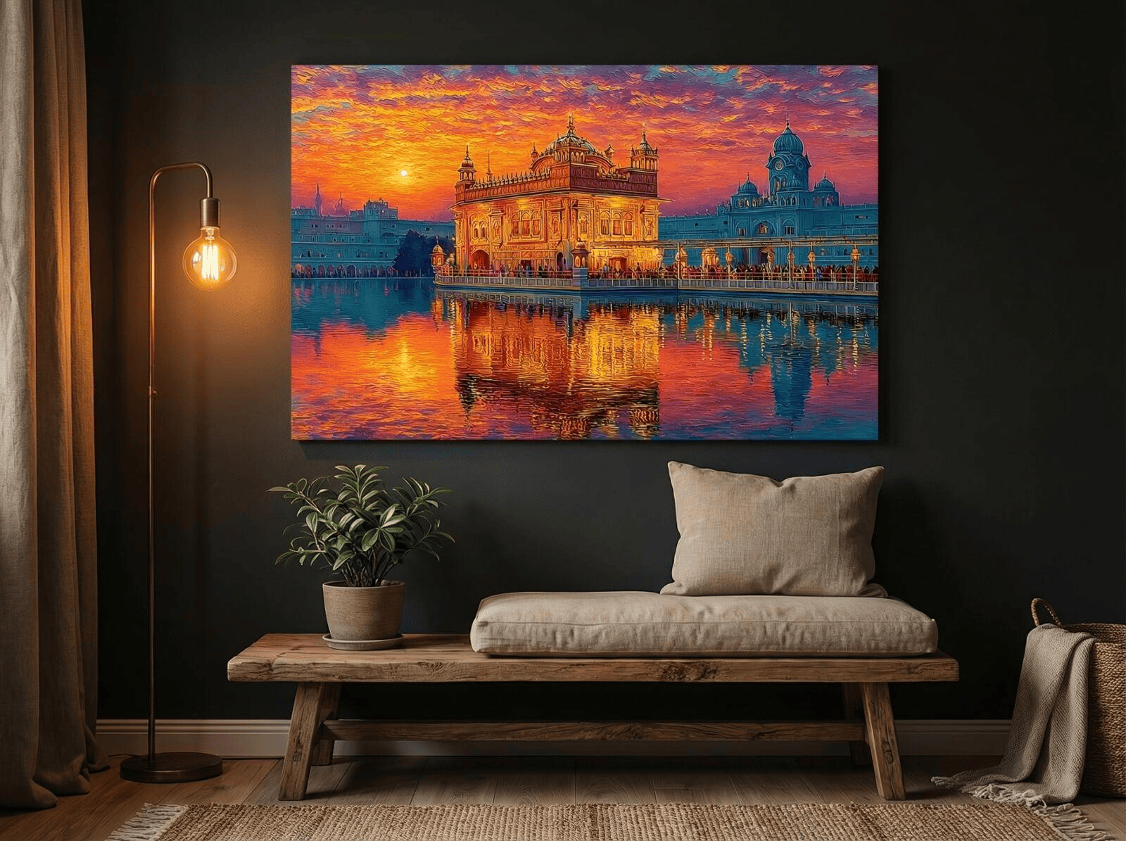 A close-up of a meditation corner featuring a low wooden bench, a small indoor plant, and the Golden Temple wall art. The lighting is soft and moody, provided by a floor lamp with a warm Edison bulb, highlighting the reflection of the temple in the water shown in the print.