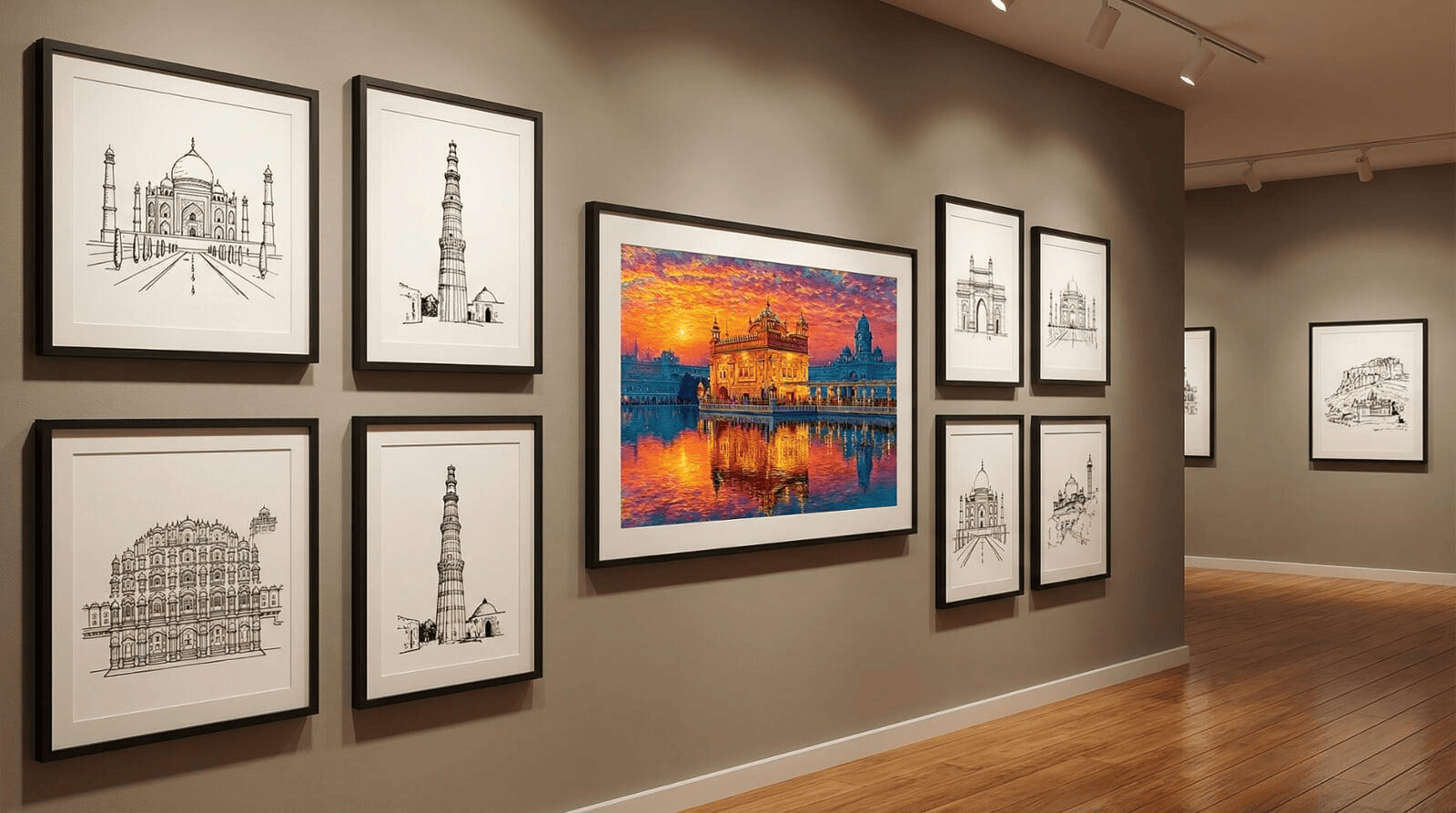 A sophisticated hallway gallery wall. In the center is a medium-sized framed print of the Golden Temple at sunset, surrounded by smaller, minimalist architectural sketches of Indian heritage sites. The frames are all a matching thin black matte finish.